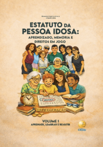 Capa do livro eletrônico 'Estatuto da Pessoa Idosa: Aprendizado, Memória e Direitos em Jogo - Volume 1: Aprender, lembrar, resistir', organizado por Eduardo Ramirez Meza. No centro da capa, destaca-se o logotipo redondo do projeto de extensão da UFMS com o texto 'Compartilhando Saberes entre gerações' e ilustrações em vetor com duas silhuetas de perfis humanos conversando, em tons de roxo e amarelo