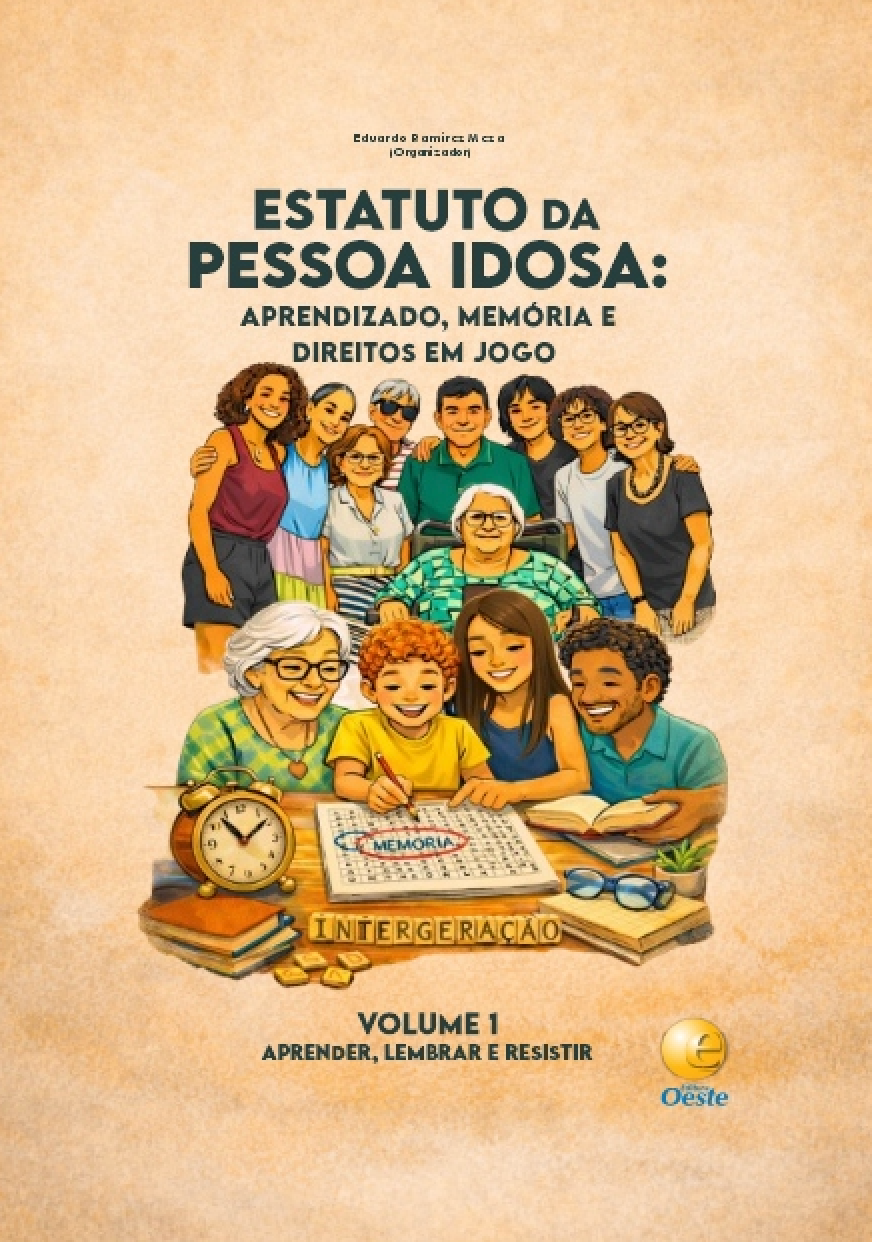 Capa do livro eletrônico 'Estatuto da Pessoa Idosa: Aprendizado, Memória e Direitos em Jogo - Volume 1: Aprender, lembrar, resistir', organizado por Eduardo Ramirez Meza. No centro da capa, destaca-se o logotipo redondo do projeto de extensão da UFMS com o texto 'Compartilhando Saberes entre gerações' e ilustrações em vetor com duas silhuetas de perfis humanos conversando, em tons de roxo e amarelo