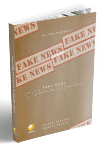 capa do livro 'Fake News: O Poder da Mentira', dos autores Geiser Wellington Barreto Jonusan e Renata Pessoa da Silva. O fundo é preto com um padrão abstrato de circuitos digitais conectados de onde saem pequenos balões de notificação vermelhos. No centro, o título 'FAKE NEWS' aparece escrito em letras garrafais brancas com um efeito de falha digital distorcida. Logo abaixo, o subtítulo está em vermelho.